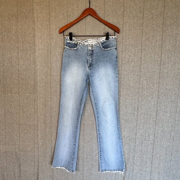 Y2K Vintage Parasuco Mid Rise Clear Rhinestone Raw Waist Flare Leg Jeans Size 4 - Picture 1 of 16